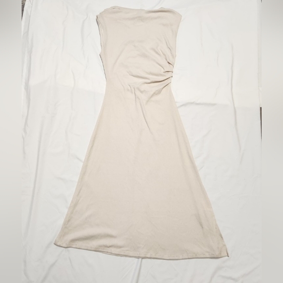 H&M Ladies Draped Bodycon Dress Boat Neck Light Beige Medium - Picture 6 of 6